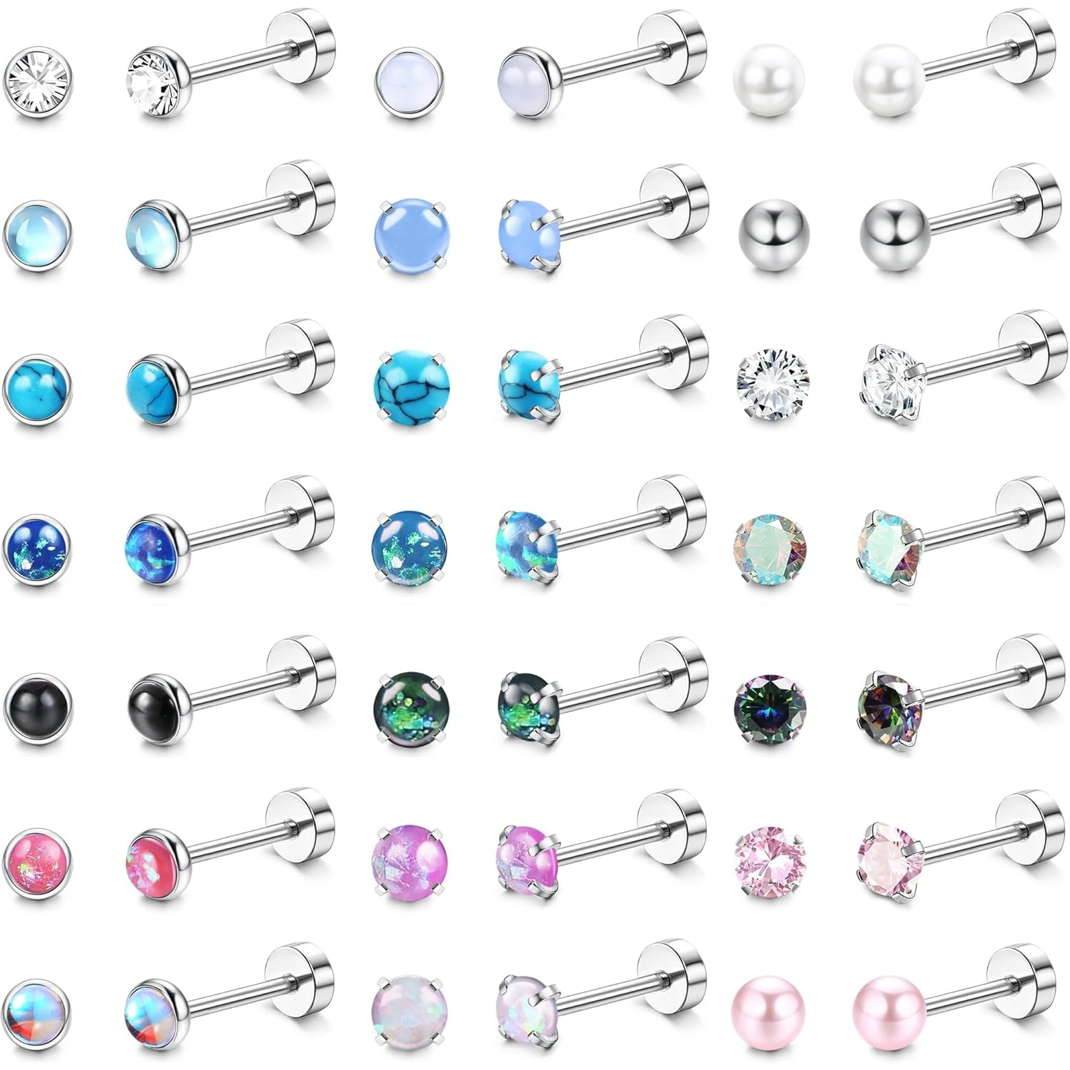 Image of 2d Flat, 21pairs Hypoallergenic Surgical Steel Earrings Flat Back Stud Earrings For Women Men Small Flatback Stud Earrings Screw Back Cartilage Earring Sets For Multiple Piercing