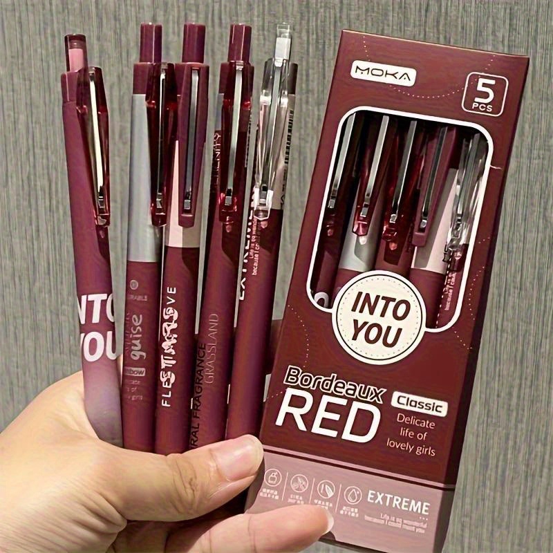 E-shop 5-Pack Vintage Rot 0,5 mm Gelstifte, Schwarze Tinte, Weicher Griff, Flüssiges Schreiben, Langlebige Kunststoffkonstruktion, Ideal für Büro,