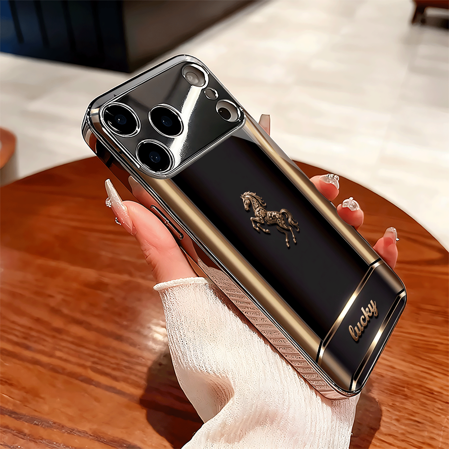 TEMU Phone Case - Golden Horse Relief Decoration Black Background High-end Silvery Electroplated Phone Case Suitable For Iphone 17/17 Pro/17 Air/17