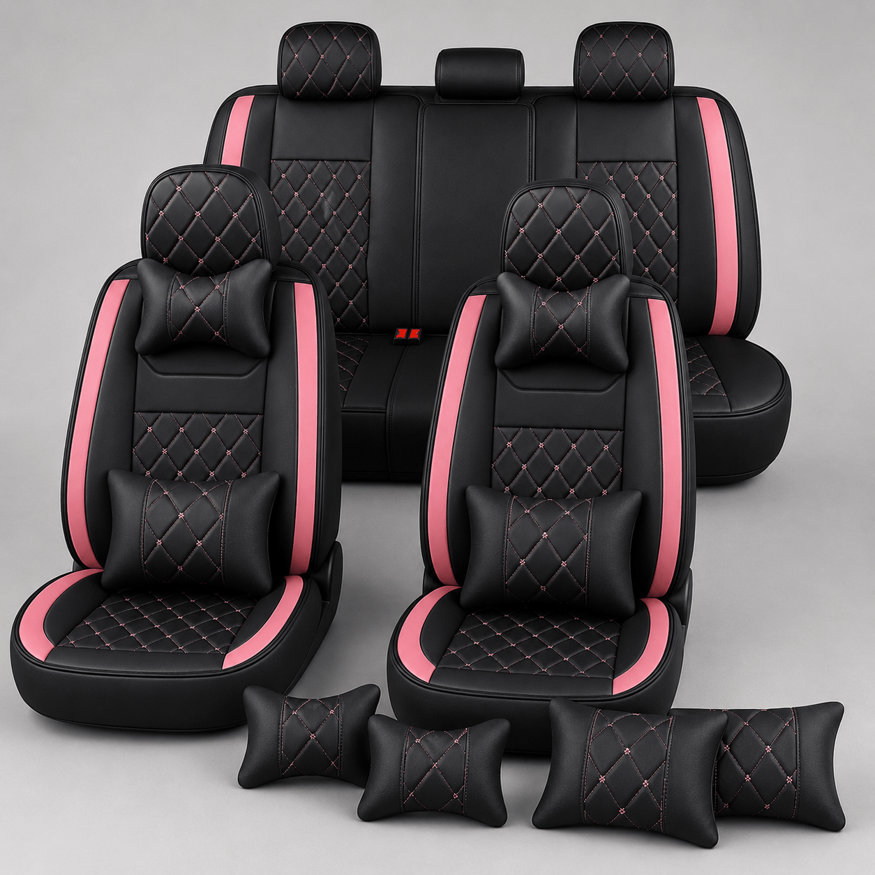 Luxury Car Seat Covers With Crown, Rhombus Pu Leather, Front & Rear Seats + 2 Headrest Pillows + 2 Lumbar Pillows, Universal Fit For Sedans Cars