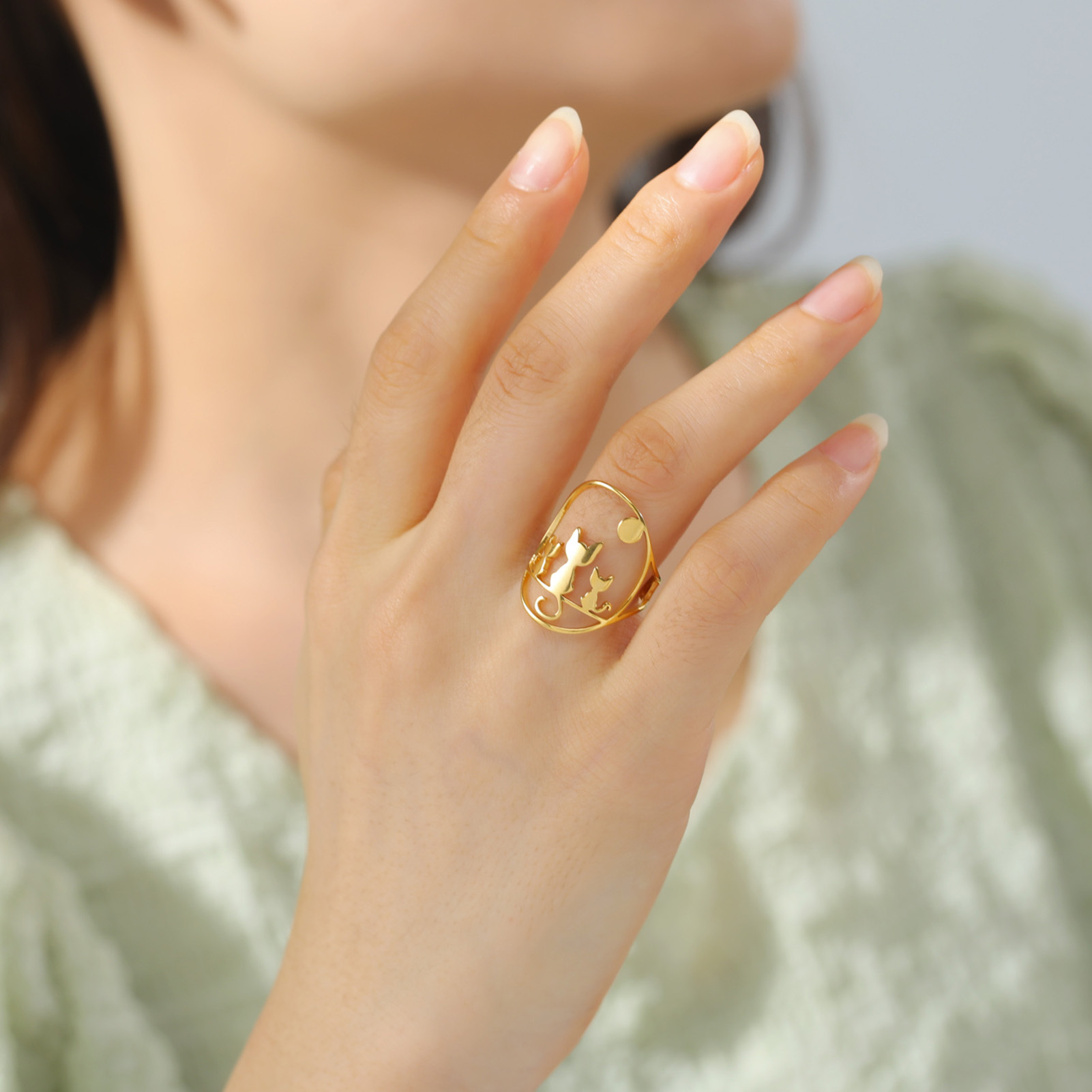 Men's Cute Animal Jewelry, Hollow Three Cats Open Ring