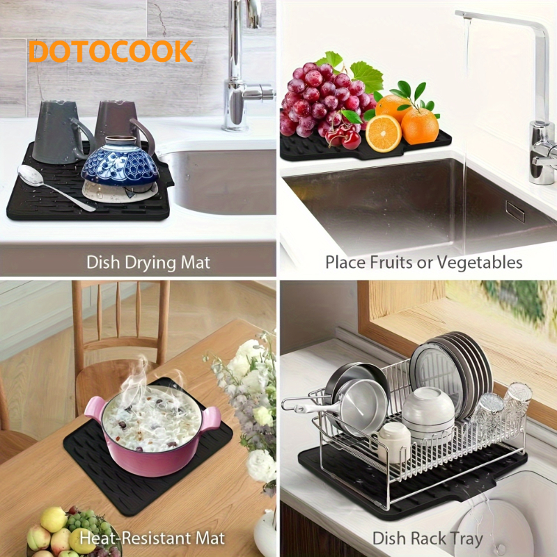 DOTOCOOK Įvairių dydžių virtuvės neslystantis silikoninis džiovinimo kilimėlis: su integruotu drenažo dizainu, atsparus karščiui ir lengvai valomas. Idealus kaip indų džiovinimo kilimėlis, tinkamas naudoti ant stalviršių, kriauklėse ar šaldytuvų viduje