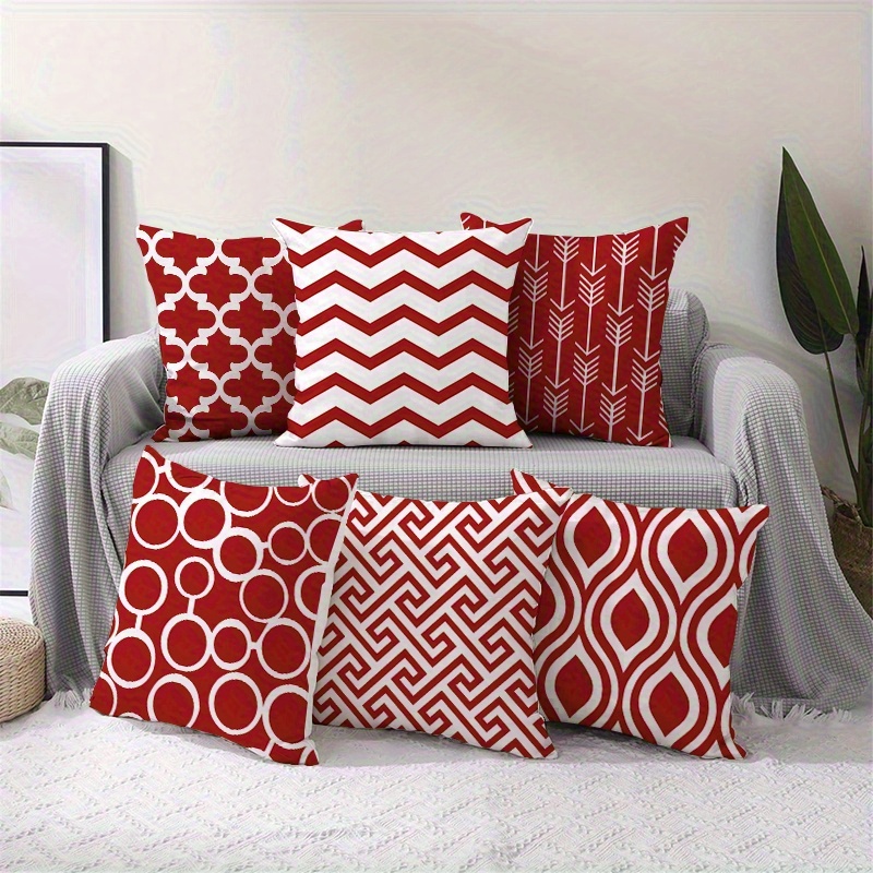 TEMU 6pcs Set, Red And White Geometric Pattern Pillow Covers With Zipper Closure, Soft And Comfortable Cushion Covers, Single-sided Printed Square