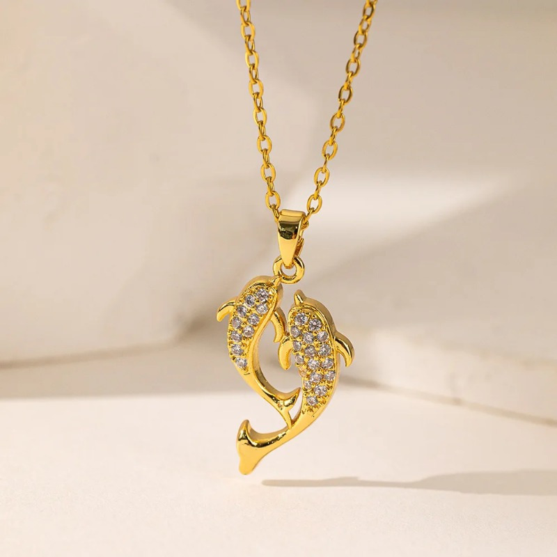 Image of Sparkling Dolphin Necklace For Women Stainless Steel Minimalist Layering Chain Birthday Gift Jewelry