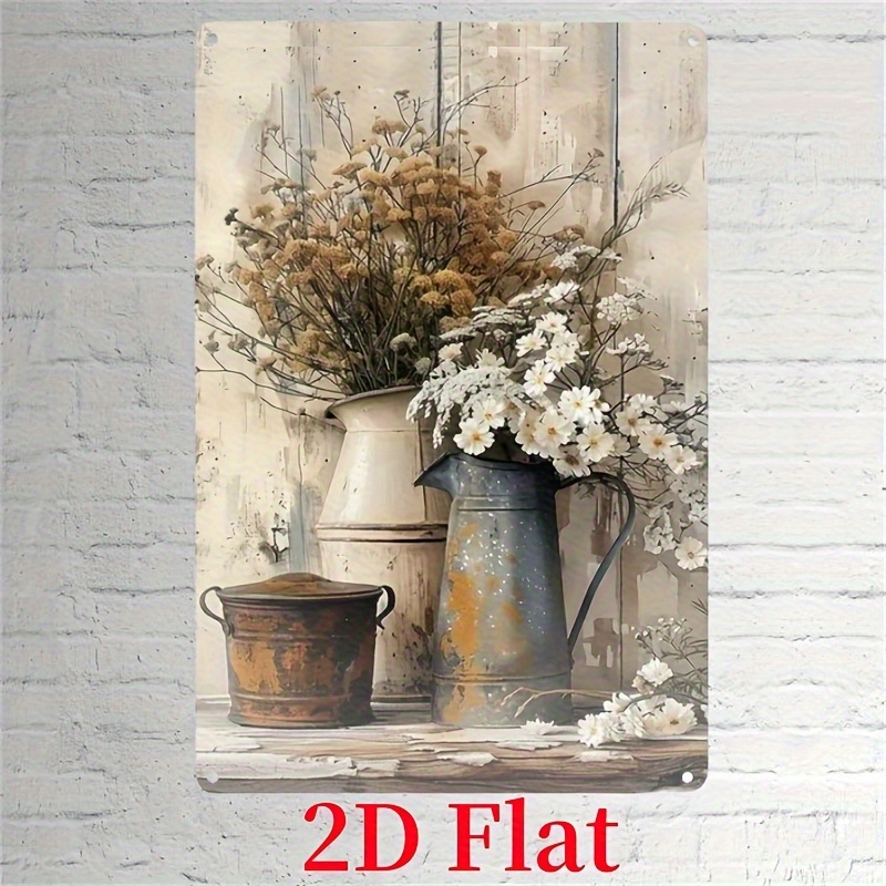 TEMU 2d Flat, 2d Flat 1pc Vintage Rustic Charm Aluminum Tin Sign Creamy Yellow Wood Grain With White Jasmine Rusty Watering Cans Farmhouse Style Wall