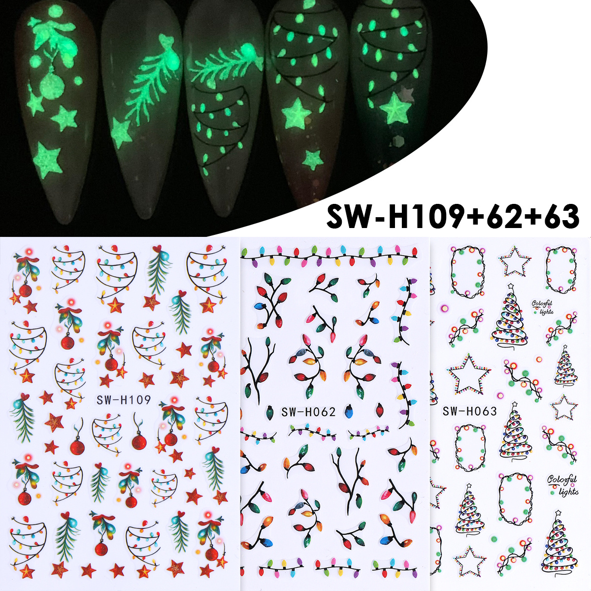 TEMU 3 Fogli Adesivi Luminosi Natalizi 3D per Unghie Albero di Natale Decalcomanie Manicure Trendy Invernali 2026 Foil e Rivestimenti