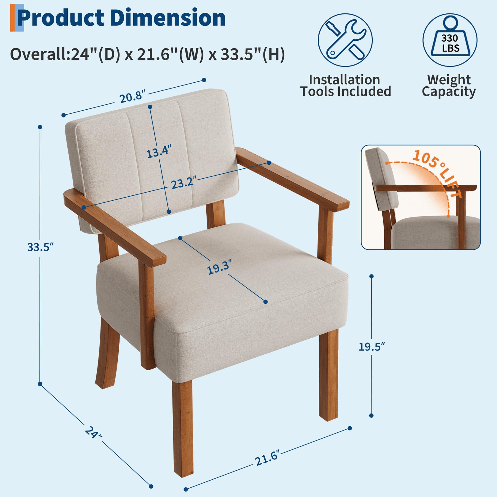 Patio Dining Set, Outdoor Chairs Set Garvee Mid-Century Accent Chair Set of 2 with Wood Frame, Linen Fabric Lounge Arm Chair with Classic Vertical Stripe Reading Leisure Chair for Living Room, Bedroom, Balcony, Beige