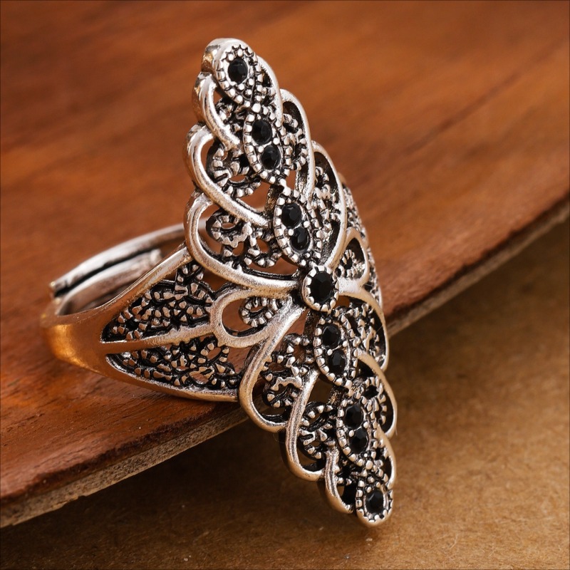 Image of Vintage Unique Inlay Black Zirconia Adjustable Court | Hand Carved Flower Grass Pattern, Luxurious Jewelry For Women Party Banquet, Plated K, Brand