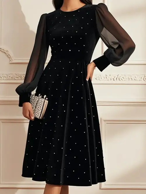 Black Velvet Polka Dot Sheer-Sleeve Midi Dress for Women | Elegant Retro Style, Suitable for Parties And Light Formal Social Occasions Black Velvet Polka Dot Sheer-Sleeve Midi Dress for Women | Elegant Retro Style, Suitable for Parties And Light Formal Social Occasions
