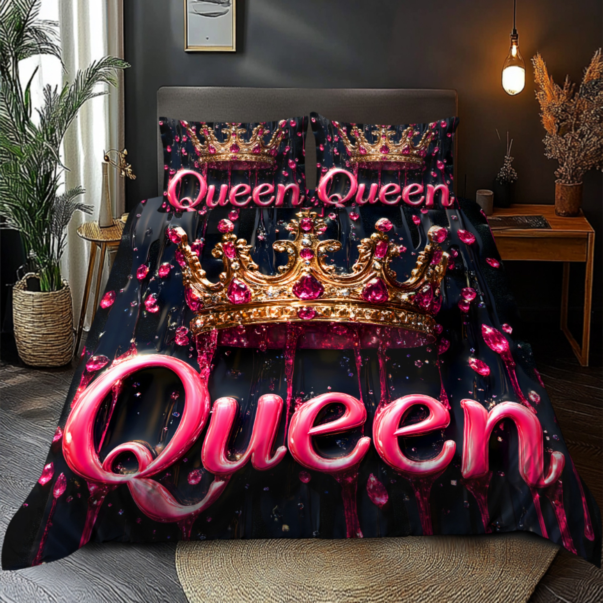 

2/3pcs Queen-themed 3d Crown Pattern Duvet Cover Set, Microfiber Bedding, , , Machine Washable, With 1 Duvet Cover /2 Pillowcases, For Bedroom, Hotel, And Dorm Use