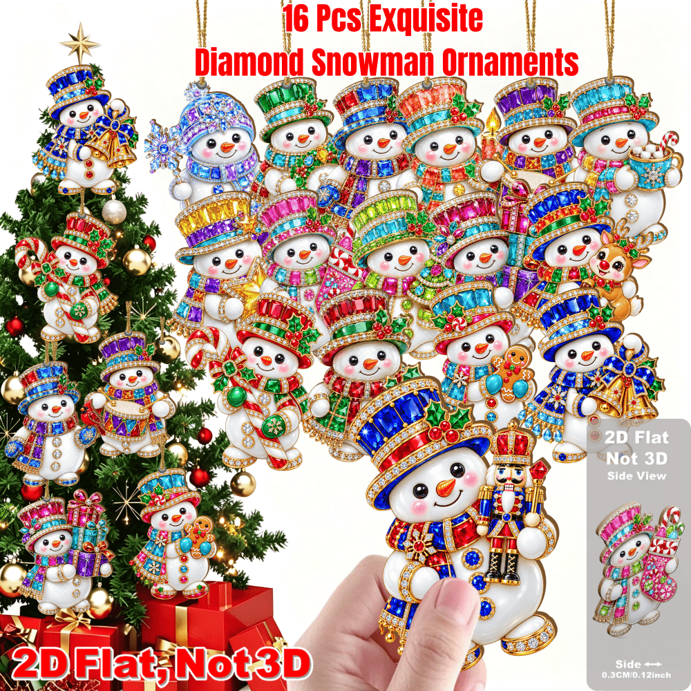 TEMU Ornements en bois 2D plats, 2D plats, 2D plats, 16 pièces, de neige en diamant, pendentifs suspendus colorés et étincelants, décoration de sapin