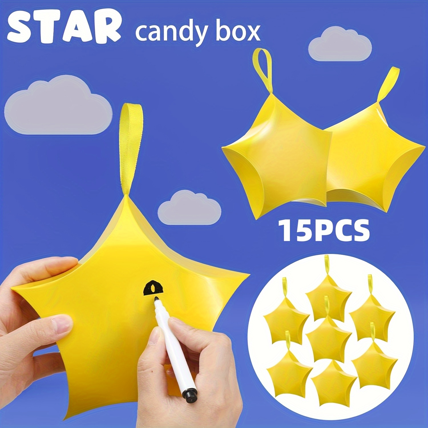 E-shop 15 Stück goldene sternförmige Party-Geschenkboxen mit gelben Bändern - Elegante Snack- und Süßigkeitenverpackung für Weihnachten, Feiertage und