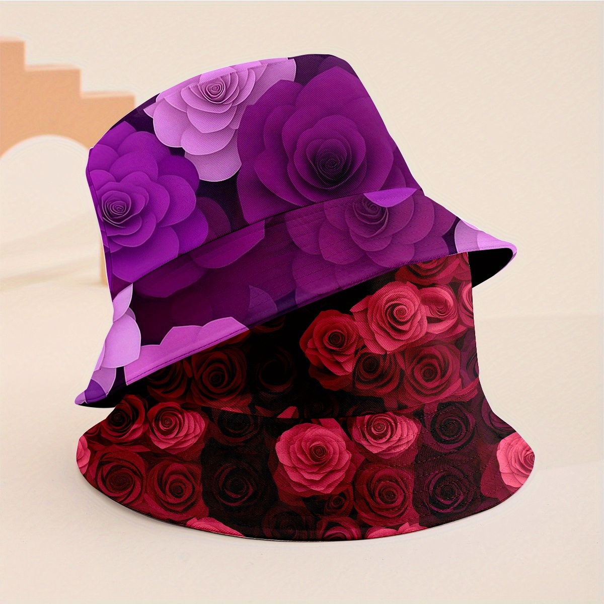 TEMU Set Of 2 Double-sided Printed Bucket Hats, Featuring Purple Rose And Red Rose Designs. Sewing Thread Colors Are . Stylish And Suitable For Men