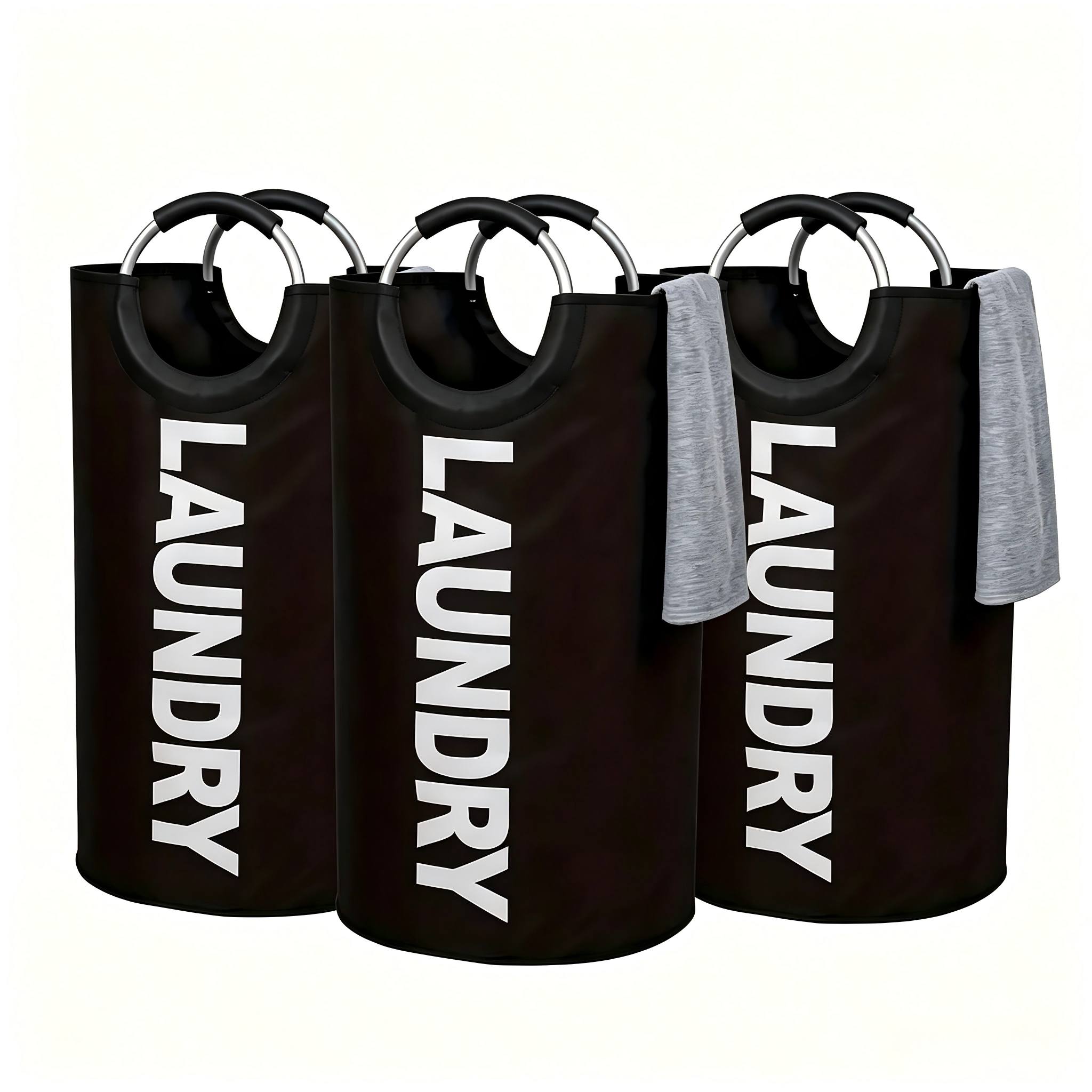 TEMU 3pcs Extra Large Foldable Laundry Basket Storage Bags With Alloy Ring Handles - Tall Foldable Fabric Clothes Storage Bins, Suitable For Bedroom,