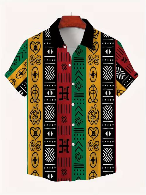 mens african traditional color block short sleeve shirt reggae style ethnic shirt breathable loose fit vintage tribal pattern top suitable for music festivals street fashion