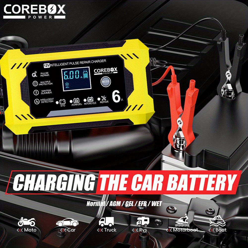 COREBOX Smart 12V Car Battery Charger & Maintainer - 6A Pulse Repair, LCD Display, Temperature Compensation for AGM, GEL, SLA & Wet Batteries, 4-100Ah Range, Auto Stop/ Fast Charging, Automotive Battery Charger | Portable Battery Charger