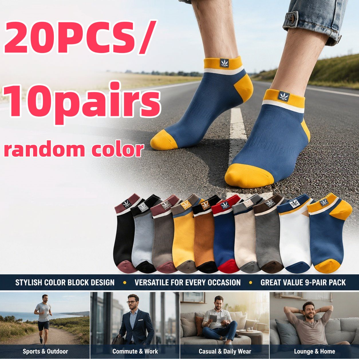 TEMU 20pcs/10 Pairs Random Colors Unisex Spring Leaf All-match Athletic Ankle Socks Spring Autumn Easy Breathable Short Socks Autumn Winter Outdoor