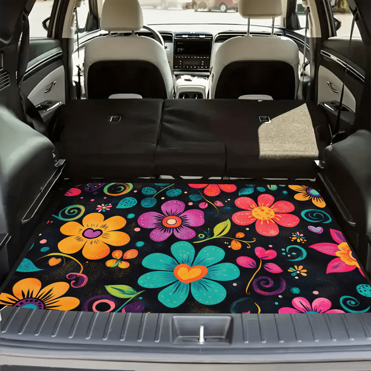 TEMU 1pc Universal Car Trunk Mat Vibrant Retro Floral Pattern Durable Protection Accessory Easy To Clean Anti-slip Rubber Backing Enhances Vehicle