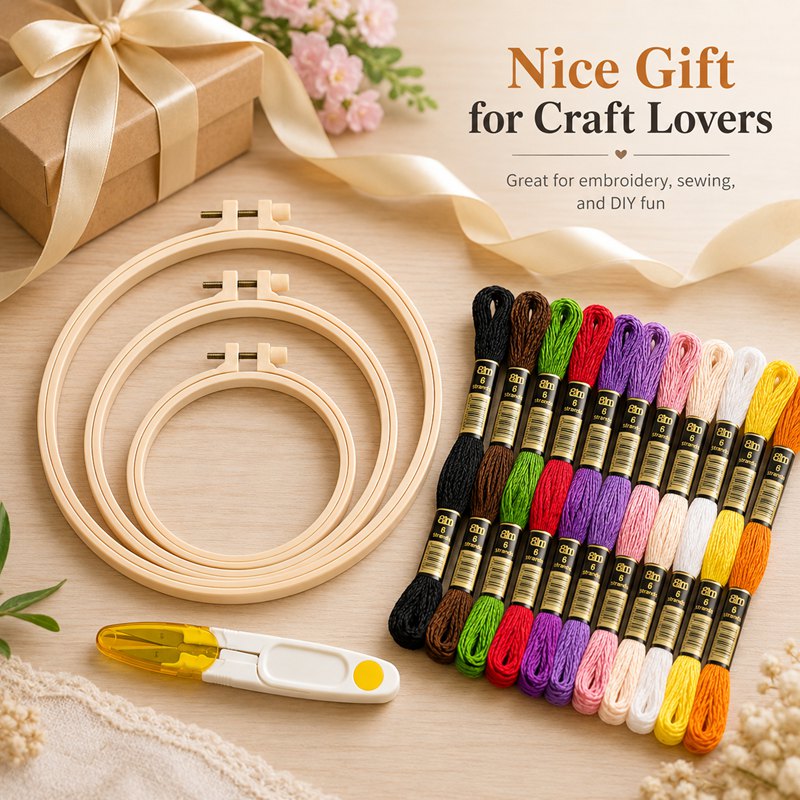 Embroidery Hand Kit with 3 Round Plastic Frames and 12 Skeins