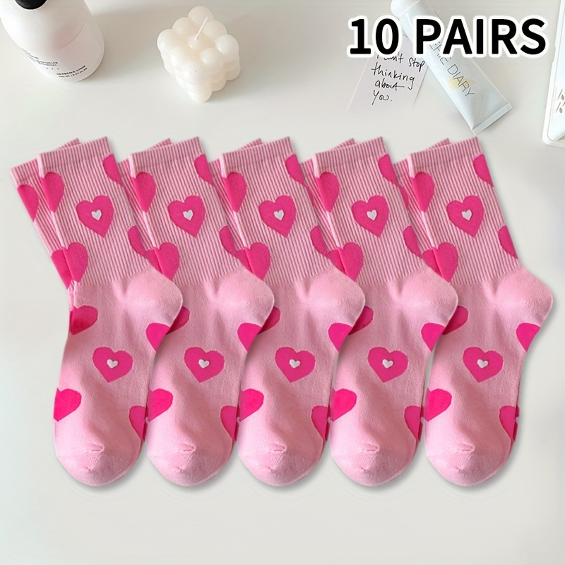 Image of 10 Pairs Heart Pattern Socks, Cute And Breathable Valentine's Day Mid Tube Socks, Women's Stockings And Hosiery