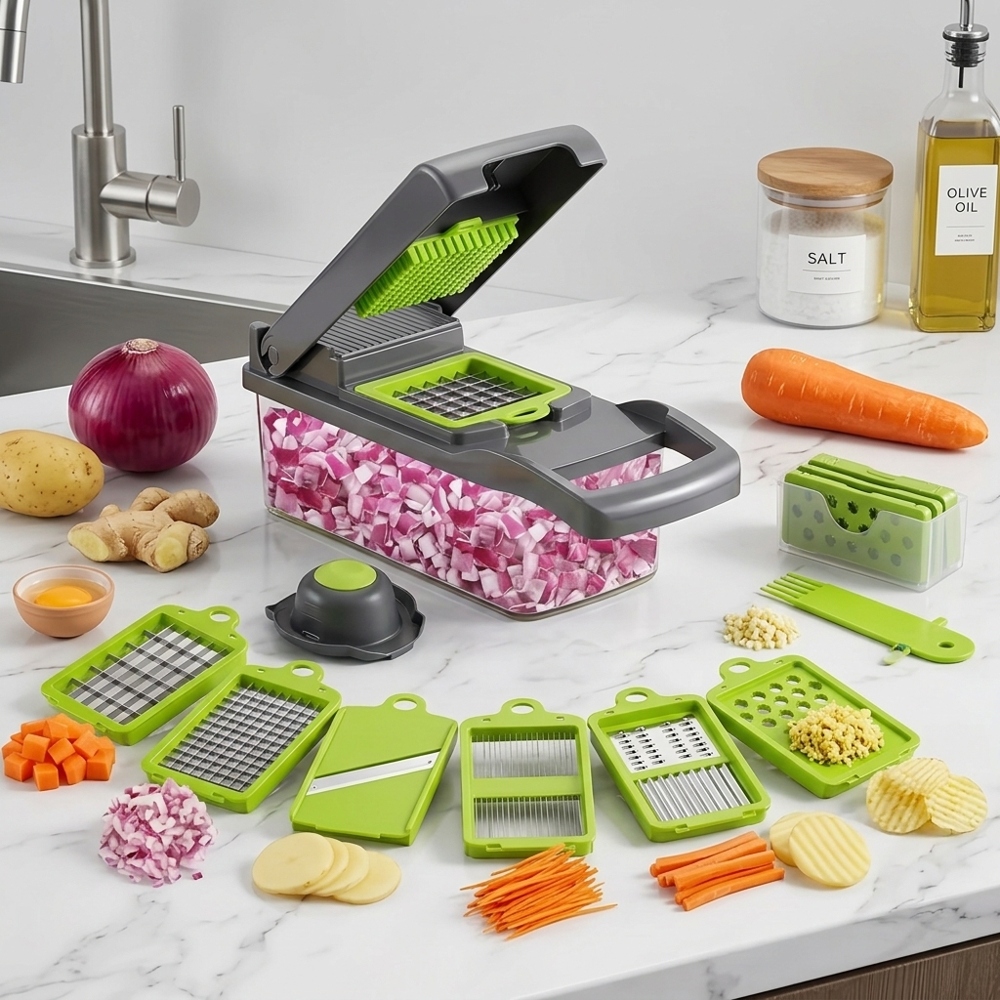 Image of Peejaa 16-in-1 Manual Vegetable Chopper Set With 8 Container Peeler Filter Prep Professional Onion Carrot Garlic Slicer Multifunctional Kitchen Gadget