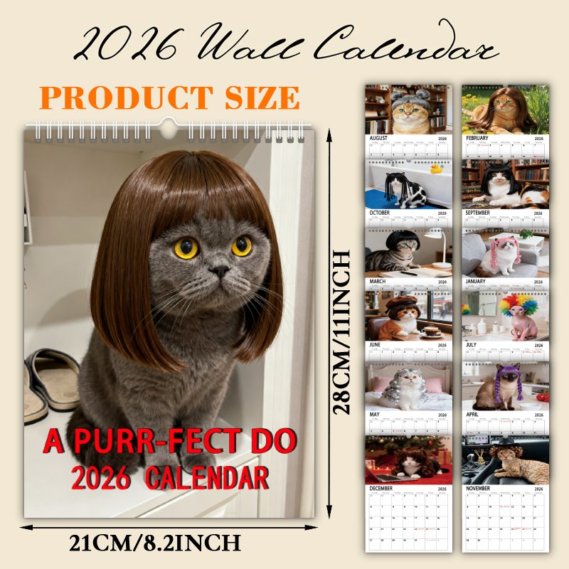 TEMU A Cat In A Wig, Entertaining Animals 2026 Wall Calendar For 12 Months, Perfect For Gifting, Suitable For Home, Office, And School Planning