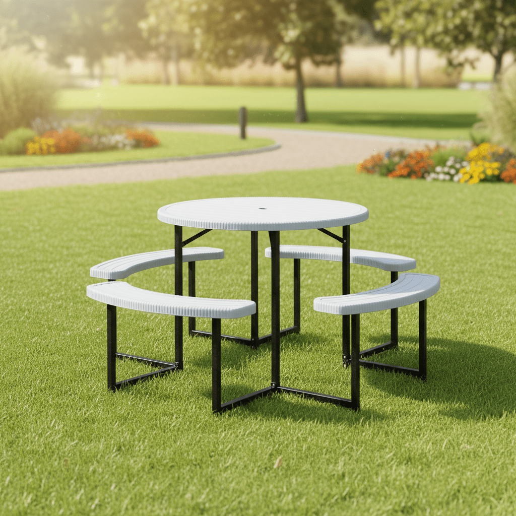 8-Person Round Picnic Table Set, 37-Inch Outdoor Dining Table with 4 Curved Benches And Umbrella Hole, HDPE Top And Metal Frame, Circular Patio Camping Table for Backyard, Garden, Lawn, Porch