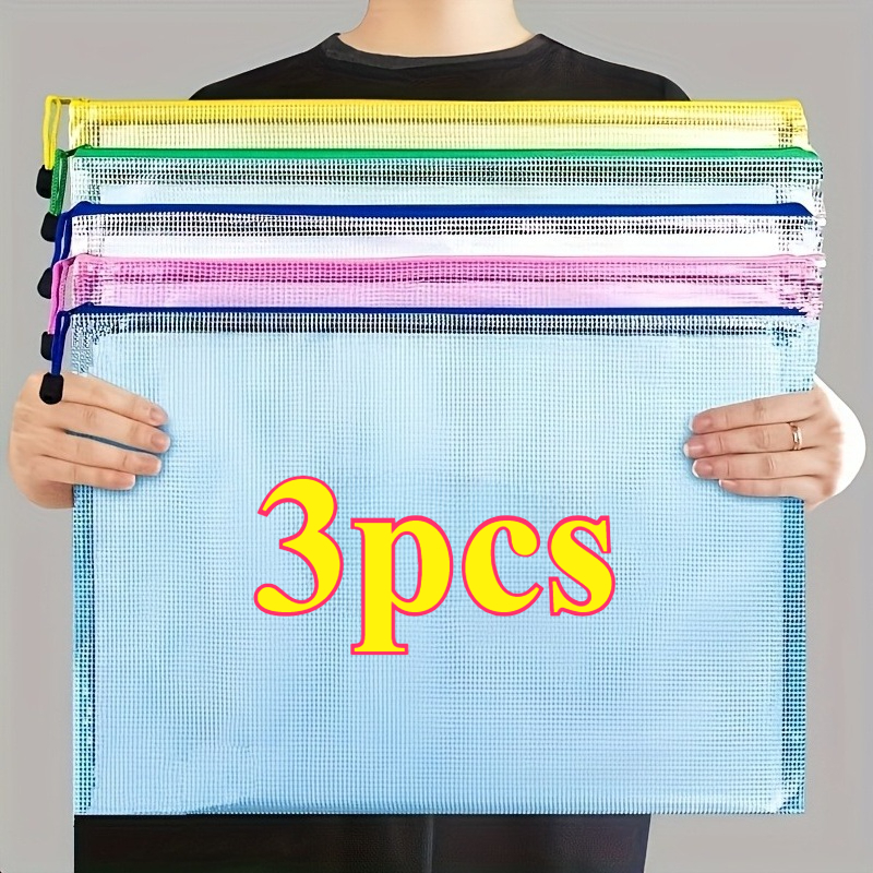 TEMU 3pcs Set - A3 Pvc File Bags, A3 Size (43cm X 30cm) Transparent Mesh File Bags, Art Storage Bags, With Zipper, Ultra-large Capacity Data And