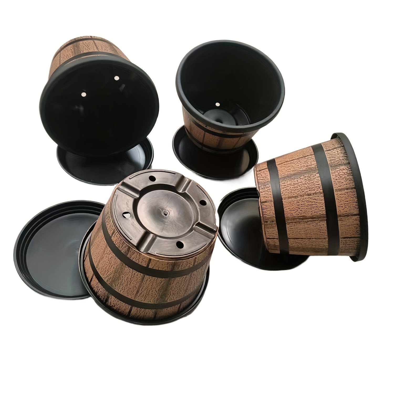 E-shop 8 Sets mit 4 Whiskey-Fass-Planter (inklusive 4 Pflanzgefäße + 4 Schalen), mit Drainagelöchern und Tropfschalen, Blumentöpfe aus Kunststoff im