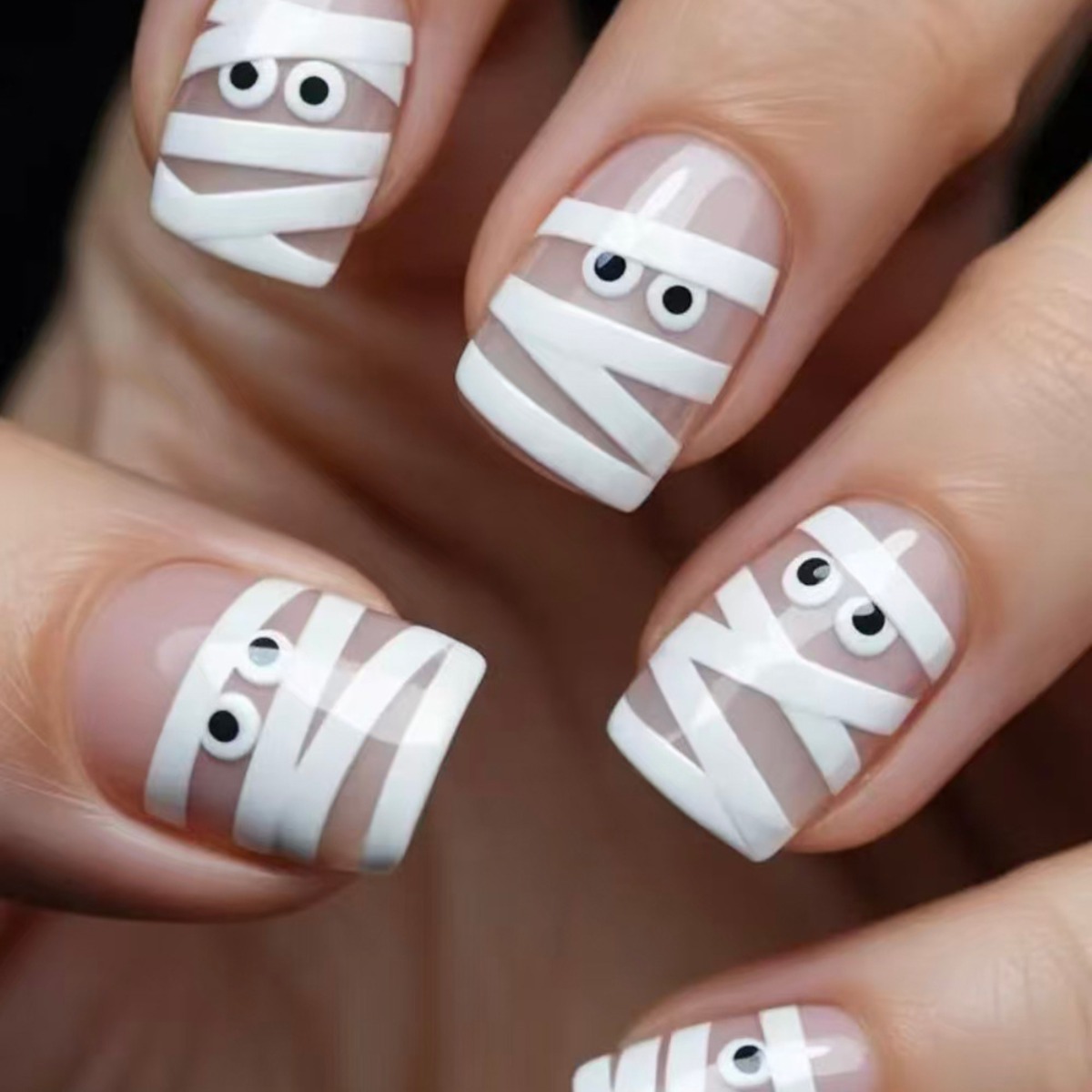 TEMU 48pcs Handcrafted Short Square Nail Art, Nude Base With White Bandage Stripes, Cute 3d With Googly Eyes, Cartoon-style Artificial Nail Art,