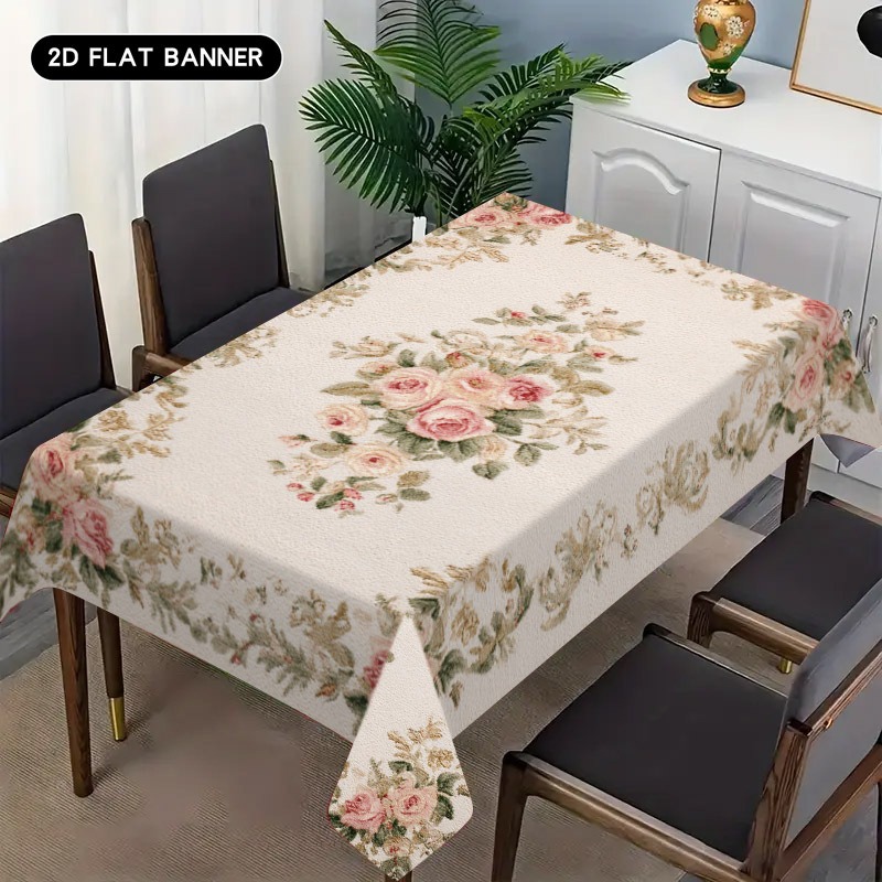 TEMU 1pc Rose Floral Pattern Valentine's Day Tablecloth, Suitable For Kitchen Dining Tables, Buffets, Outdoor Parties, And Camping, Room Decoration,
