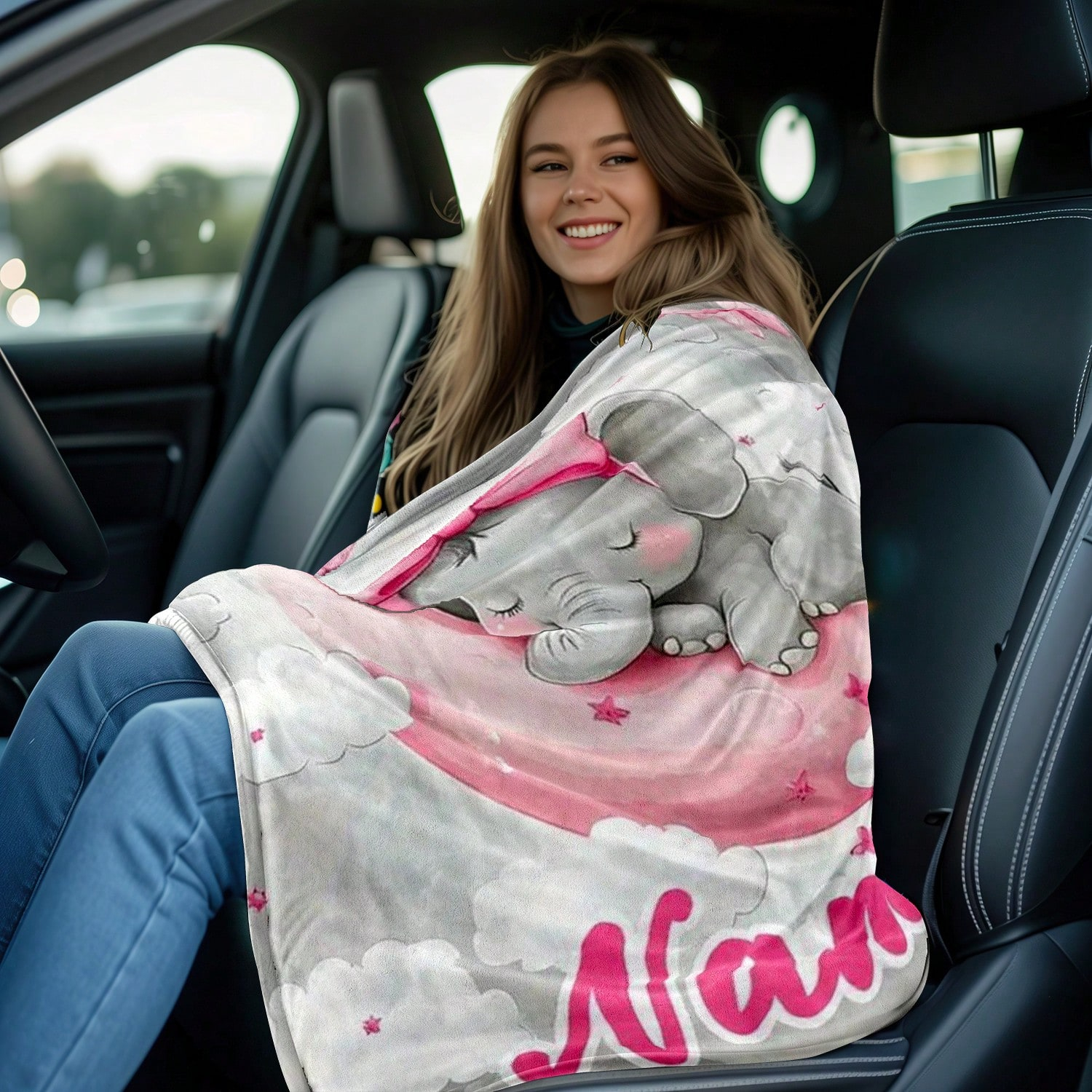 Custom Name Blanket with Light Gray and Pink Elephant Pattern