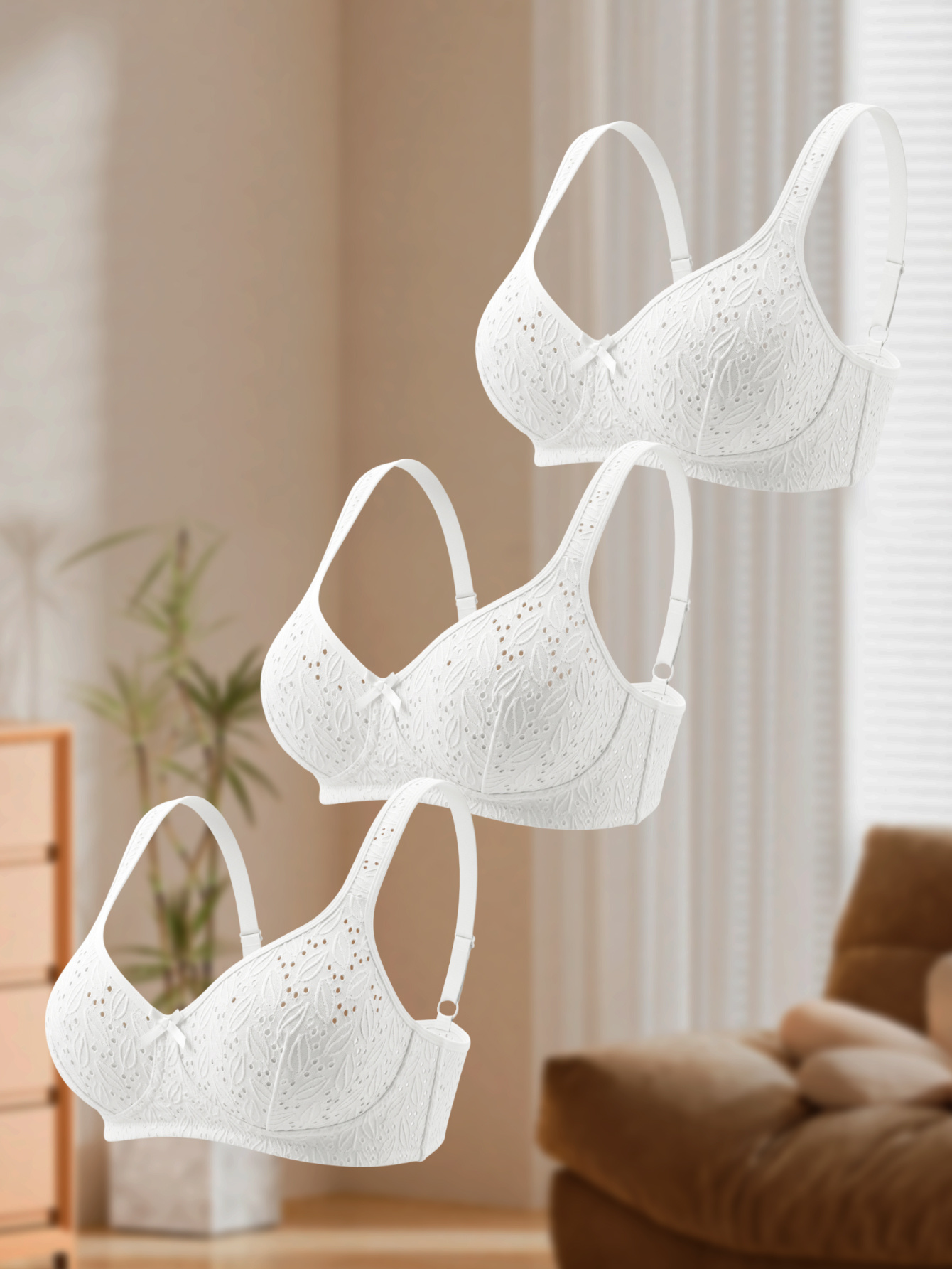 3pcs Small Leaf Jacquard Wire-Free Bra Set, Comfortable Support