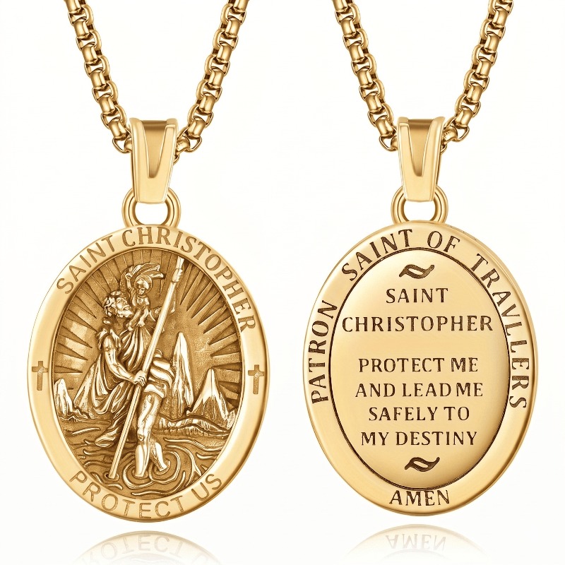 Double sided 3D relief religious medal necklace