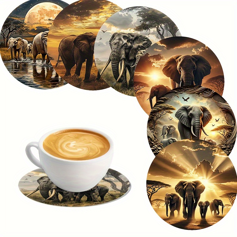 TEMU Set Of 6 Wooden Coasters Featuring An Elephant Theme, Heat-resistant Decorations For Coffee And Tea Cups, Showcasing A Vibrant Scene With