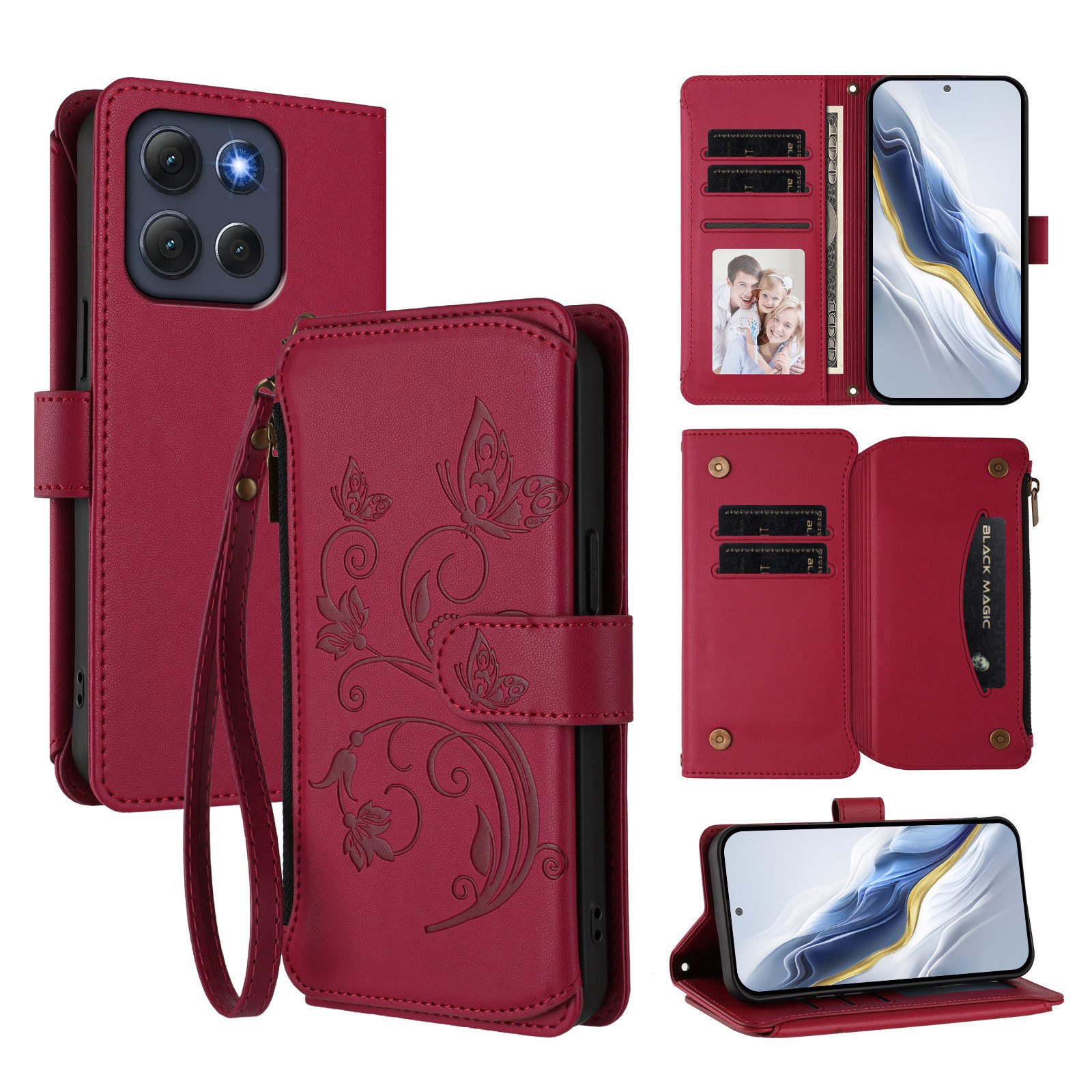 TEMU Phone Case: Flowers Pattern Zipper Wallet Case With 6 Card Slots, Synthetic Leather Wallet Phone Case, Stand Flip Cover Design With Anti-loss