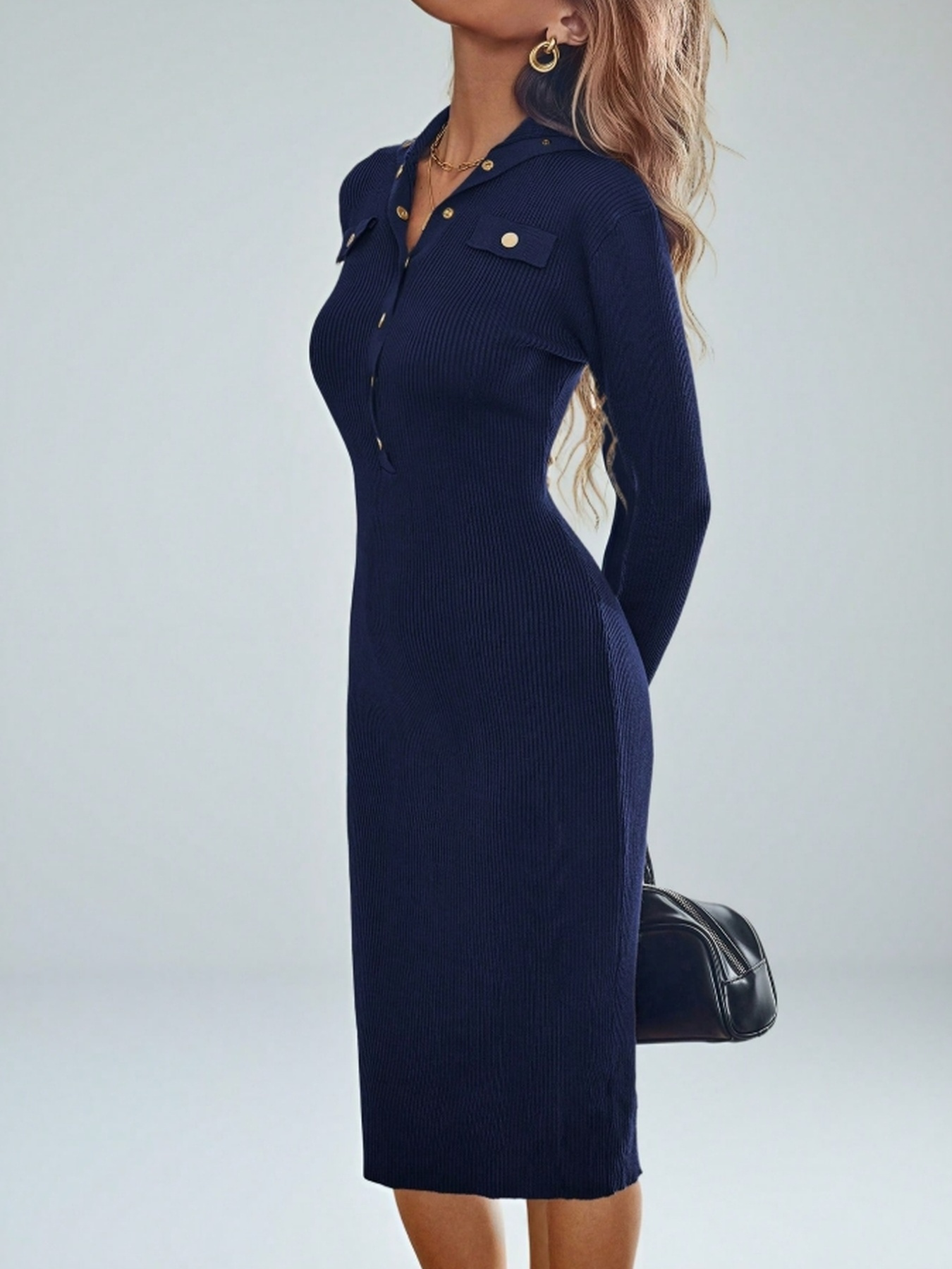 knee length casual navy blue dress women stylish elegant sweater dress casual navy dress