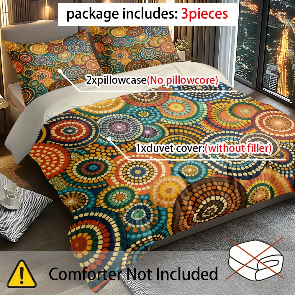 TEMU 3pcs Bohemian Ethnic Print Duvet Cover Set - Includes 1 Duvet Cover And 2 Pillowcases (without Filling), Breathable And Soft, Polyester, Machine