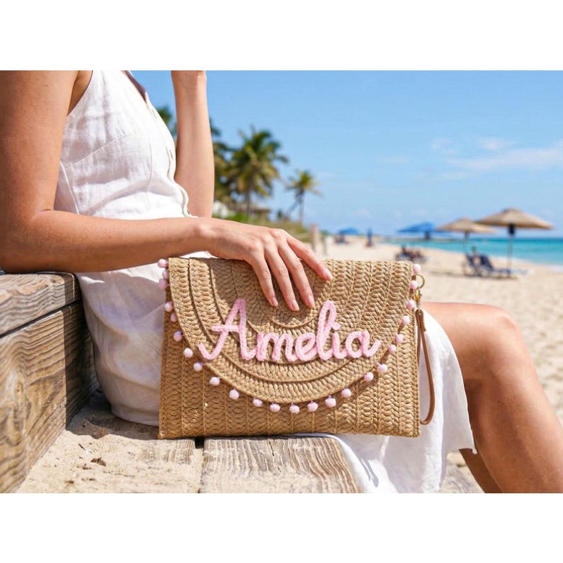 TEMU Custom Women's Straw Shoulder Beach Bag, Personalized Bridesmaid Beach Bag, Summer Straw Shoulder Bag, Bridal Shower Bag, Bachelorette Party