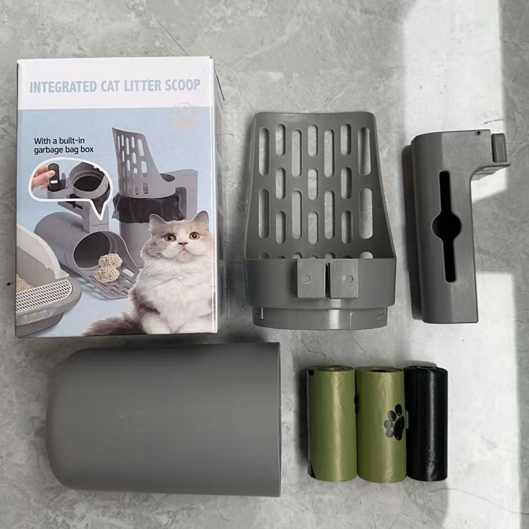 TEMU 4pcs Set (scooper And 3pcs Bags) Large Capacity Cat With Stand, Durable Plastic, Easy To Clean, Fecal Storage Box, Ideal For Home Pet Cleaning,