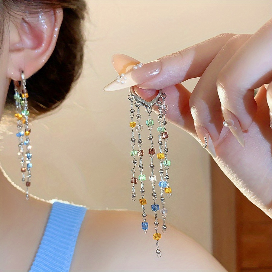 TEMU Une paire de créoles tendance carrées à longues franges en verre, style minimaliste japonais et coréen pour fête et vacances