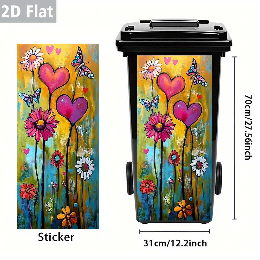 Image of 1pc 2d Flat Colorful Flowers And Butterflies Trash Can Sticker – Waterproof, Vibrant And , Floral-themed, Bin Decoration, Style – Size 12.2 X 27., 2d Flat