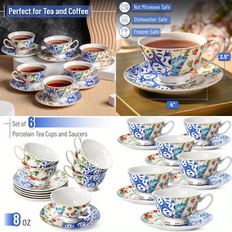 btat set of 6 vintage   floral porcelain tea cups & saucers - 8oz elegant   bone china-style cups with dishwasher safe design, microwave & freezer safe, stackable for space-saving storage - ideal for tea, coffee, home or gifting, coffee drinks,  , durable saucers,    , drinkware set, coffee enthusiasts, gift   Product details 1
