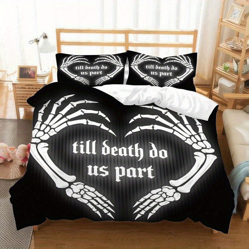 set of 3 gothic skeleton hand heart duvet cover skull bedding with the theme   do us part black and white halloween style bed soft microfiber bedroom decoration perfect romantic gift for couples   1 duvet cover and 2 pillowcases Product details 3