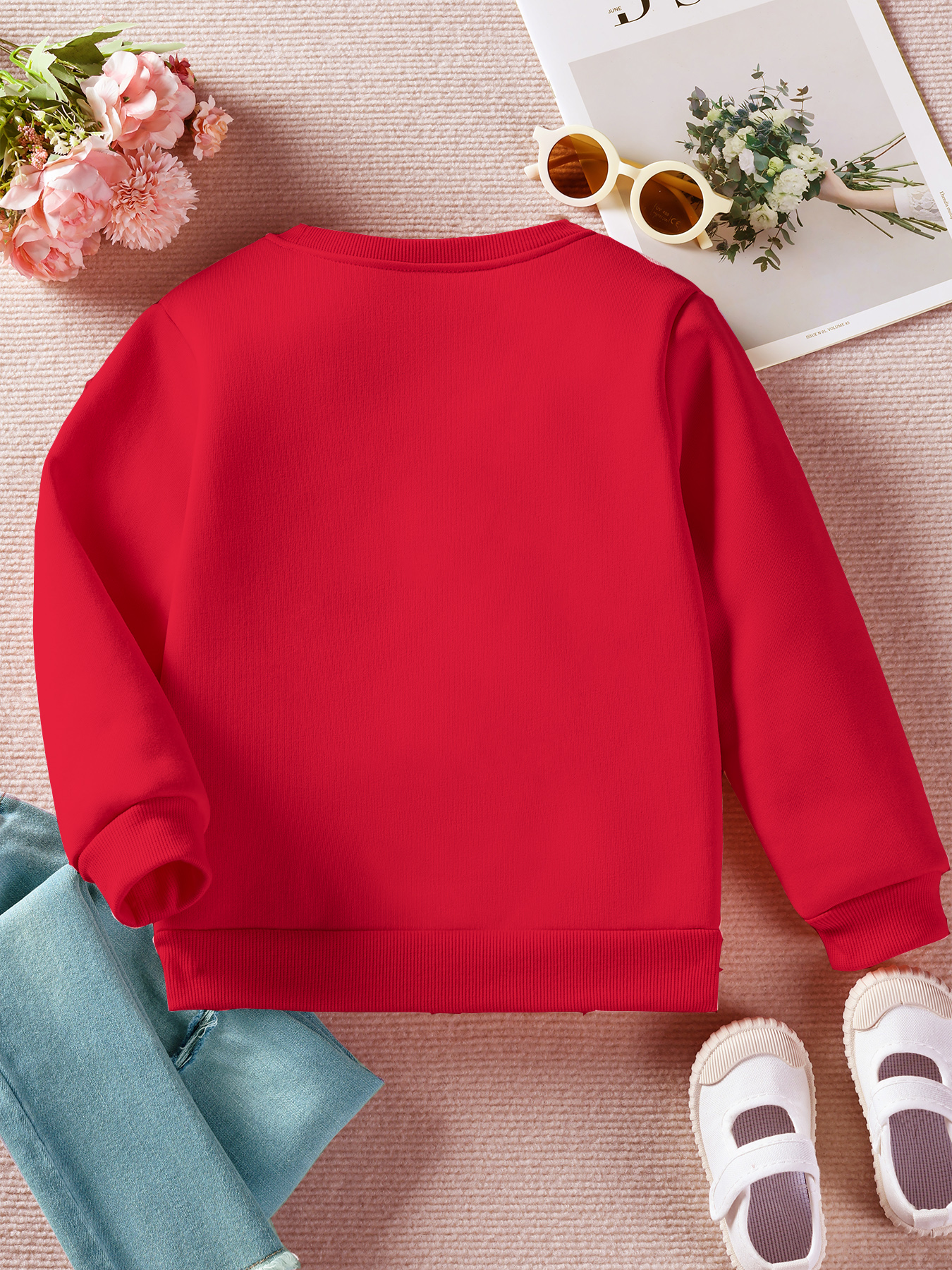 autumn and   fleece round neck sweatshirt for girls on christmas featuring a loose casual long sleeve pullover with prints of reindeer with a red polka dot bow snowflakes and more model wy7227