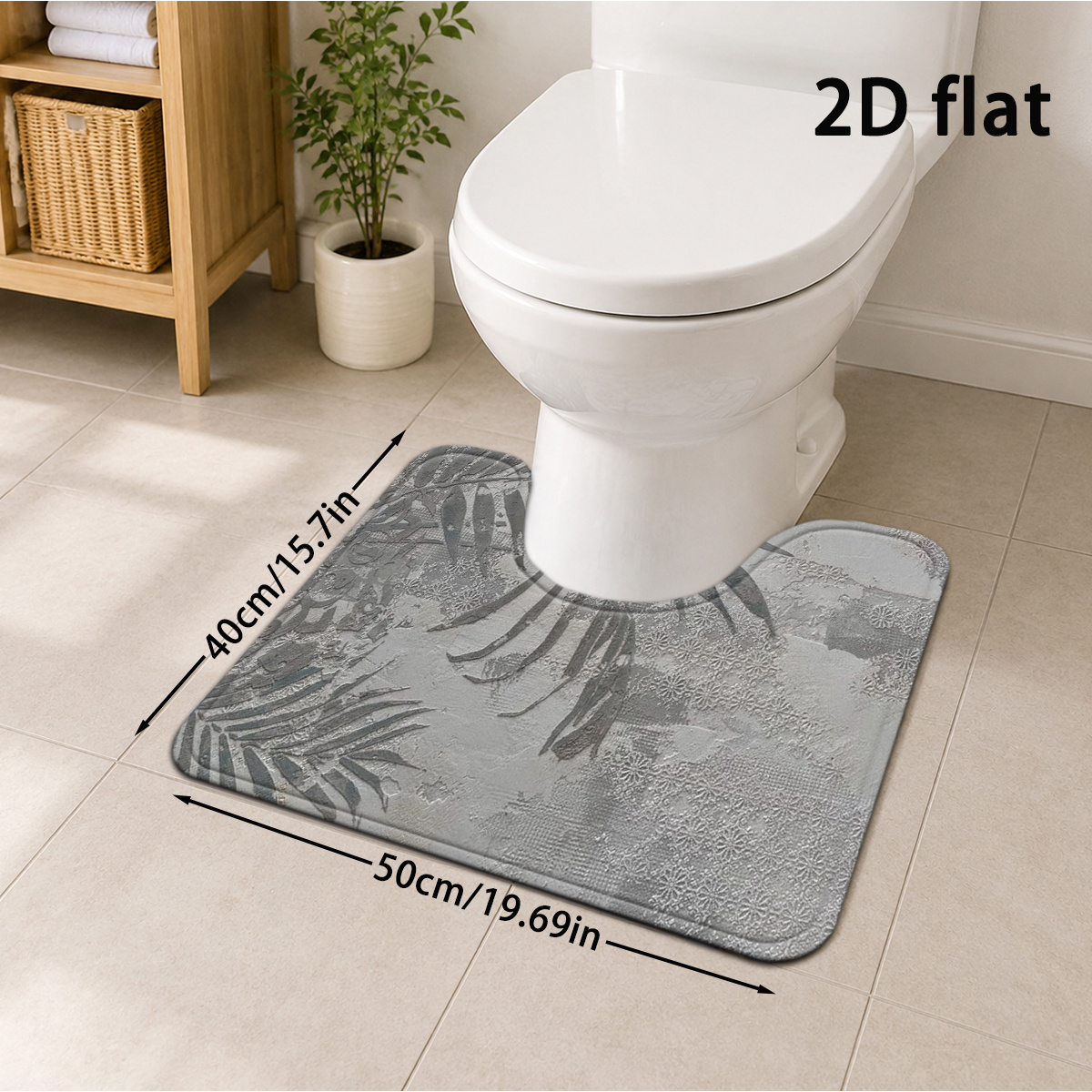 TEMU 2d Flat, 1pc Suitable For Home Decor Modern Minimalist U-shaped With Cement Texture & Palm Leaf Pattern - Soft Thickened Absorbent Shower, Gray