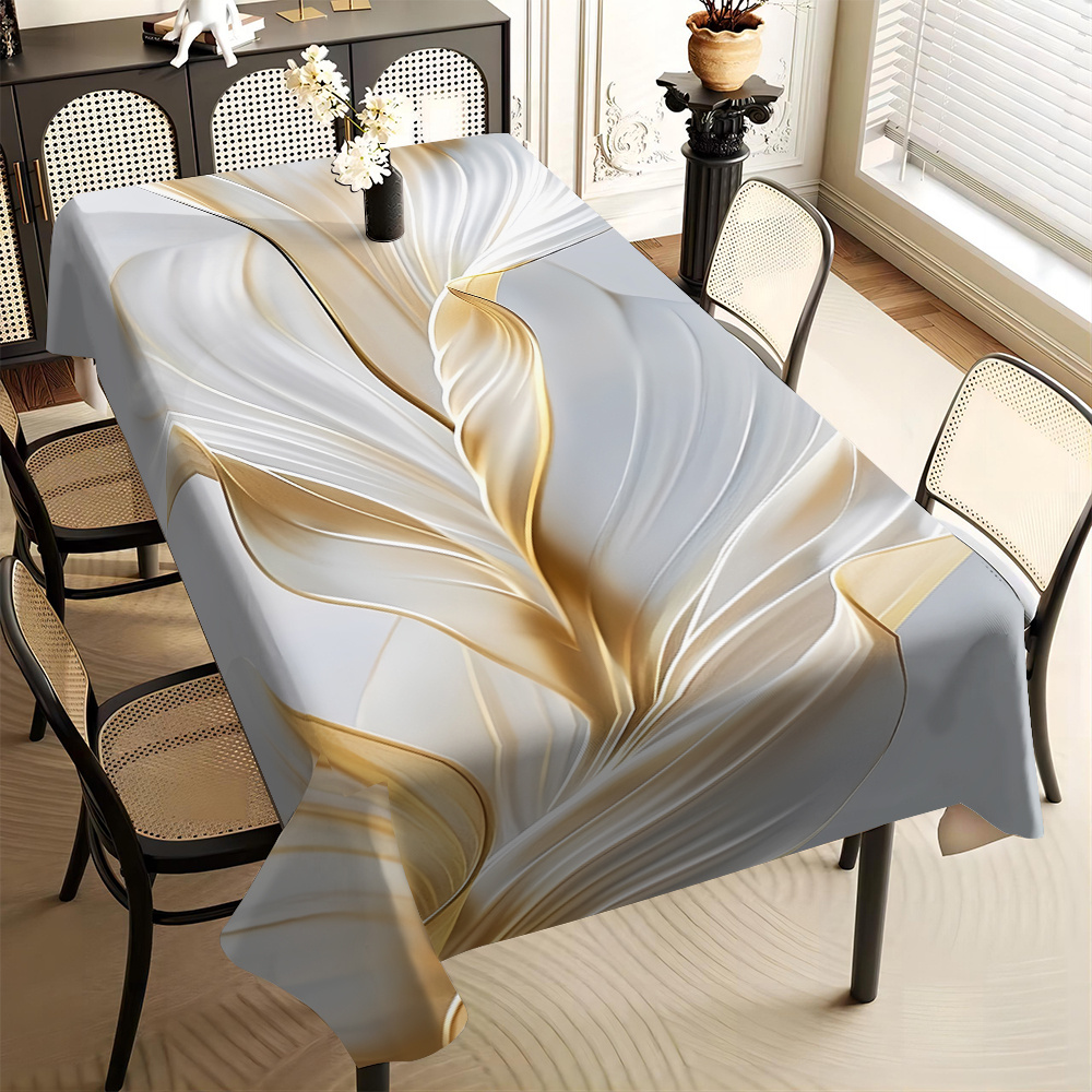 

Elegant White Golden Patterned Tablecloth - Waterproof & Oil-resistant, Dining, Office Desk, And Home Decor, Round, Rectangular, Dirt-resistant