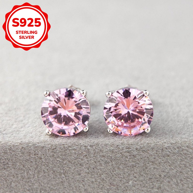 S925 Silvery Pink Synthetic Earrings, Classic 4 Claw Design