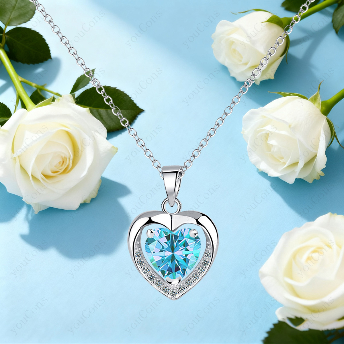 Light Blue Double Heart Pendant Necklace with Exquisite Gift Box, Romantic Gift