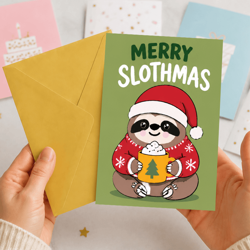 TEMU Cute Sloth Christmas Card, Red Sweater And Santa Hat Design, Green Background, Warm And , Christmas Greeting Card For